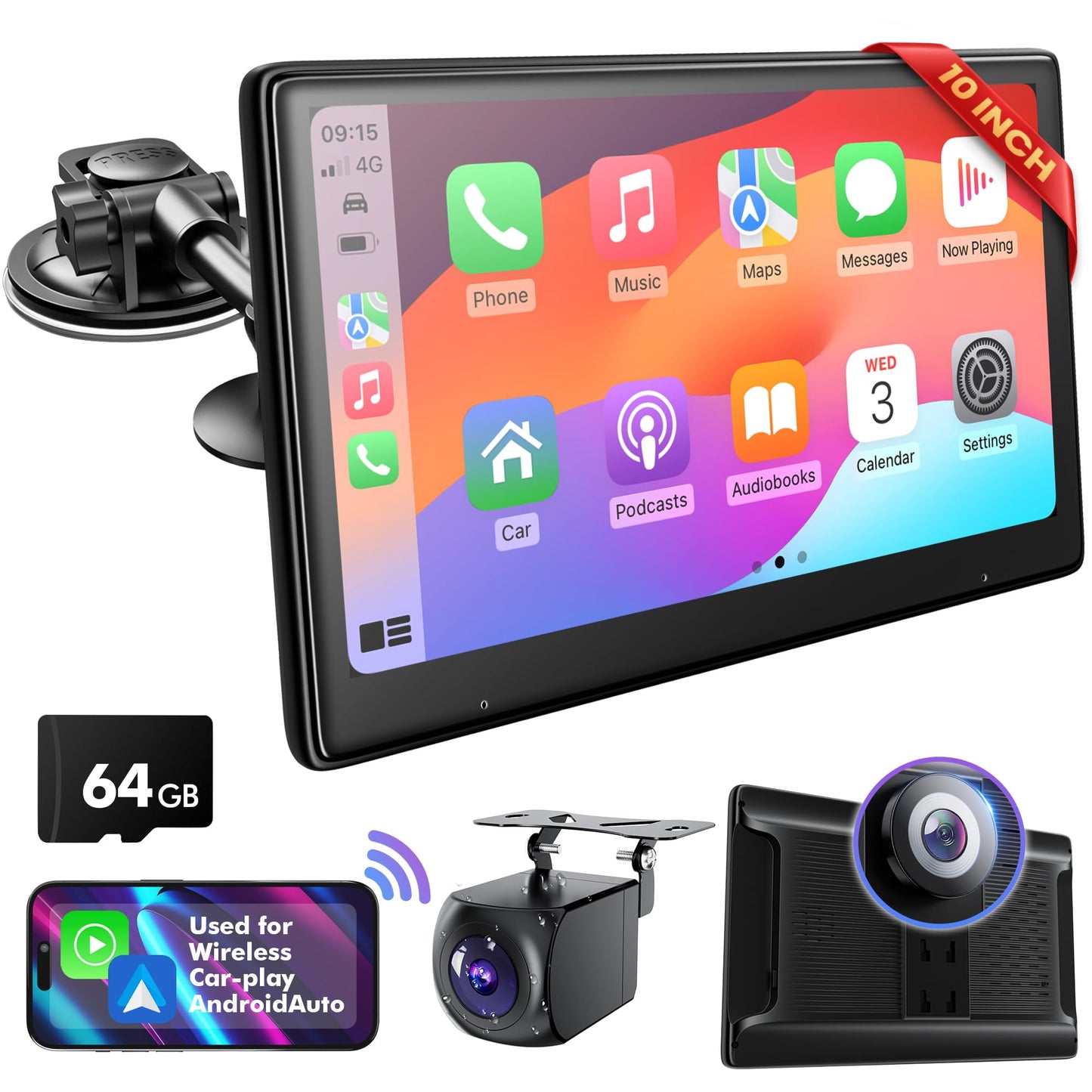 10 Inch Touch Screen for Car - Used for Wireless Apple Carplay Android Auto - Portable Car Stereo with 2K Front Dashcam, 1080P Rear Dash cam Backup Camera, Bluetooth, MirrorLink AUX - The One Stop Deals