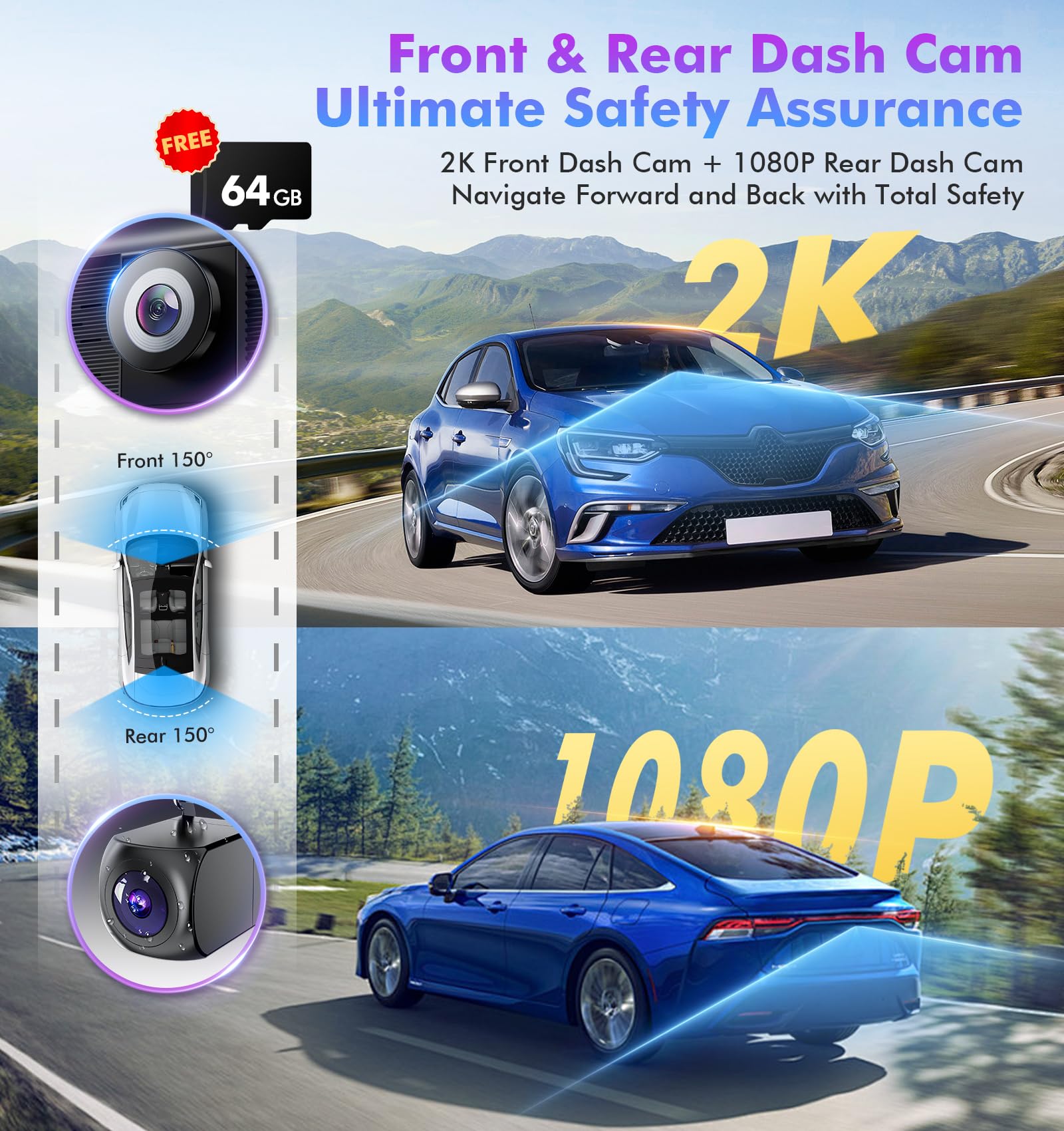 10 Inch Touch Screen for Car - Used for Wireless Apple Carplay Android Auto - Portable Car Stereo with 2K Front Dashcam, 1080P Rear Dash cam Backup Camera, Bluetooth, MirrorLink AUX - The One Stop Deals