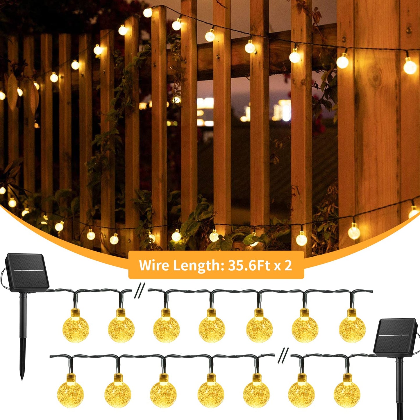 2 - Pack 120 LED 72FT Solar Lights Outdoor Waterproof, Crystal Globe Lights with 8 Lighting Modes, Solar Powered Patio Lights for Garden Yard Porch Wedding Party Decor (Warm White) - The One Stop Deals