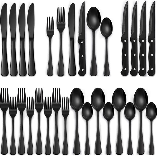 24 - Piece Black Silverware Set with Steak Knives, Black Flatware Set for 4, Food - Grade Stainless Steel Tableware Cutlery Set, Mirror Finished Utensil Sets for Home Restaurant - The One Stop Deals