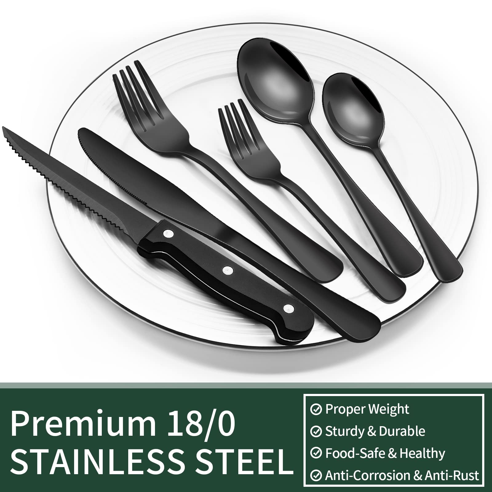 24 - Piece Black Silverware Set with Steak Knives, Black Flatware Set for 4, Food - Grade Stainless Steel Tableware Cutlery Set, Mirror Finished Utensil Sets for Home Restaurant - The One Stop Deals