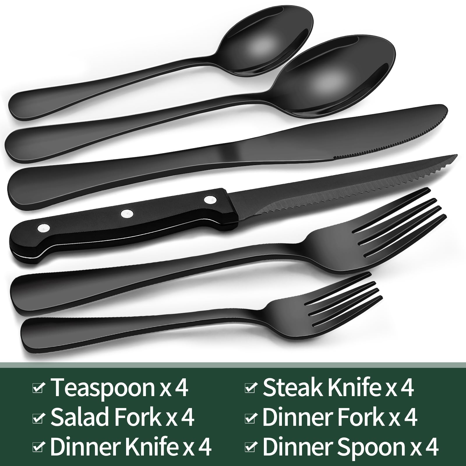 24 - Piece Black Silverware Set with Steak Knives, Black Flatware Set for 4, Food - Grade Stainless Steel Tableware Cutlery Set, Mirror Finished Utensil Sets for Home Restaurant - The One Stop Deals