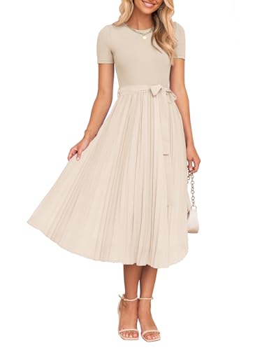 ZESICA Womens 2025 Summer Short Sleeve Midi Dresses Casual Crew Neck Knit Belted Pleated A Line Flowy Wedding Guest Dress,Apricot,Medium