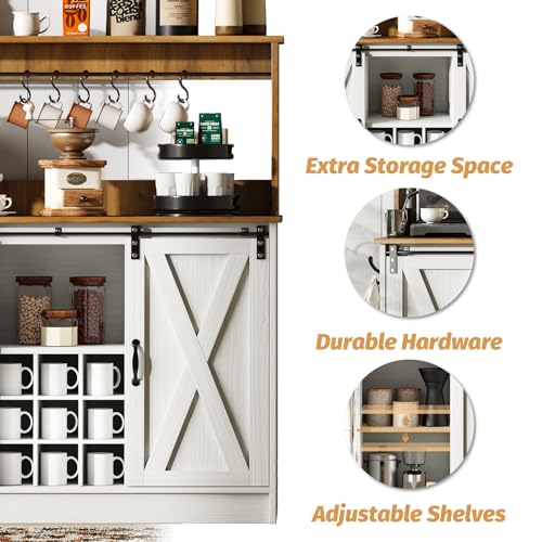 4ever2buy Farmhouse Coffee Bar Cabinet with 6 Hooks, 47'' Kitchen Coffee Bar with Hutch and 9 Wink Racks, White Coffee Bar Table with Sliding Barn Door for Dining Living Room - The One Stop Deals