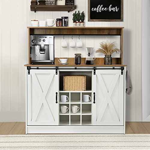 4ever2buy Farmhouse Coffee Bar Cabinet with 6 Hooks, 47'' Kitchen Coffee Bar with Hutch and 9 Wink Racks, White Coffee Bar Table with Sliding Barn Door for Dining Living Room - The One Stop Deals