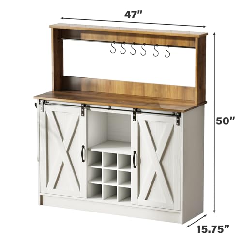 4ever2buy Farmhouse Coffee Bar Cabinet with 6 Hooks, 47'' Kitchen Coffee Bar with Hutch and 9 Wink Racks, White Coffee Bar Table with Sliding Barn Door for Dining Living Room - The One Stop Deals