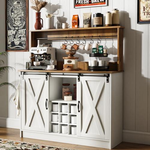 4ever2buy Farmhouse Coffee Bar Cabinet with 6 Hooks, 47'' Kitchen Coffee Bar with Hutch and 9 Wink Racks, White Coffee Bar Table with Sliding Barn Door for Dining Living Room - The One Stop Deals