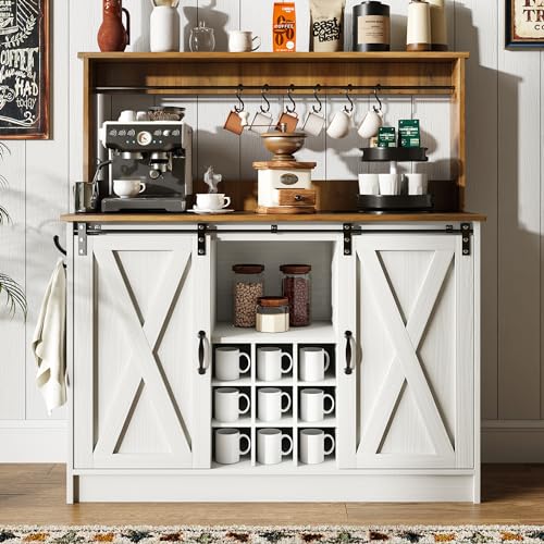 4ever2buy Farmhouse Coffee Bar Cabinet with 6 Hooks, 47'' Kitchen Coffee Bar with Hutch and 9 Wink Racks, White Coffee Bar Table with Sliding Barn Door for Dining Living Room - The One Stop Deals