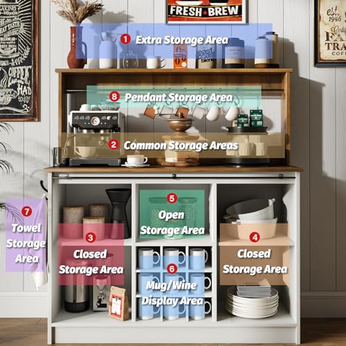 4ever2buy Farmhouse Coffee Bar Cabinet with 6 Hooks, 47'' Kitchen Coffee Bar with Hutch and 9 Wink Racks, White Coffee Bar Table with Sliding Barn Door for Dining Living Room - The One Stop Deals