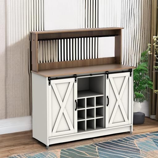 4ever2buy Farmhouse Coffee Bar Cabinet with 6 Hooks, 47'' Kitchen Coffee Bar with Hutch and 9 Wink Racks, White Coffee Bar Table with Sliding Barn Door for Dining Living Room - The One Stop Deals