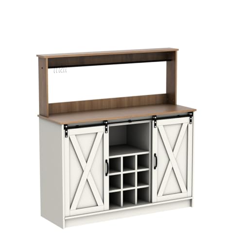 4ever2buy Farmhouse Coffee Bar Cabinet with 6 Hooks, 47'' Kitchen Coffee Bar with Hutch and 9 Wink Racks, White Coffee Bar Table with Sliding Barn Door for Dining Living Room - The One Stop Deals