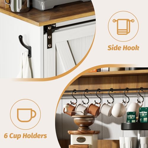 4ever2buy Farmhouse Coffee Bar Cabinet with 6 Hooks, 47'' Kitchen Coffee Bar with Hutch and 9 Wink Racks, White Coffee Bar Table with Sliding Barn Door for Dining Living Room - The One Stop Deals