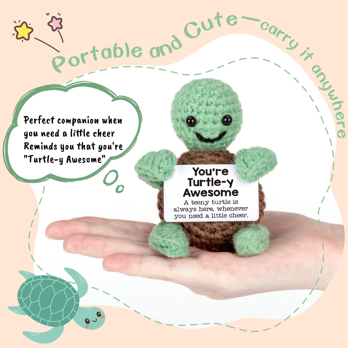 4THFARMES Mini Funny Positive Turtle Gifts, Small Handmade Crochet Animals Cute Stuff, Inspirational Gifts for Women Men Birthday Presents, Emotional Motivational Turtle Decor - The One Stop Deals