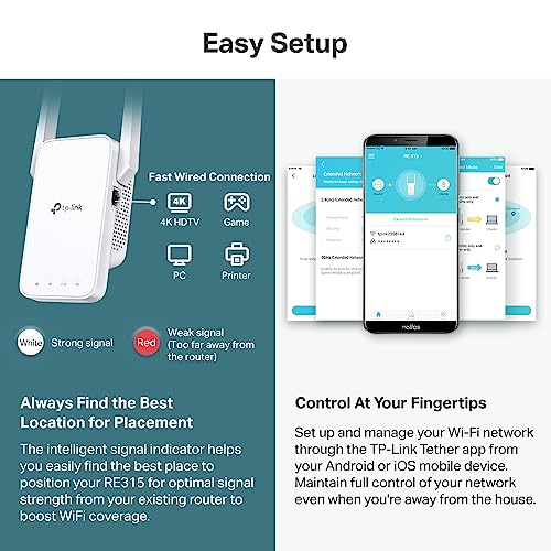 TP-Link AC1200 WiFi Extender, 2024 Wirecutter Best WiFi Extender, 1.2Gbps home signal booster, Dual Band 5GHz/2.4GHz, Covers Up to 1500 Sq.ft and 30 Devices ,support Onemesh, One Ethernet Port (RE315)