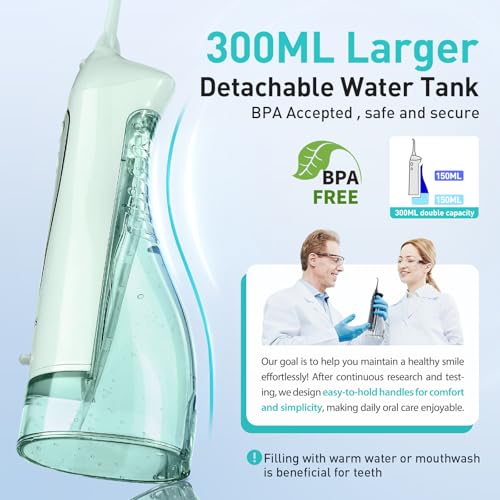 COSLUS Water Dental Flosser Teeth Pick: Portable Cordless Oral Irrigator 300ML Rechargeable Travel Irrigation Cleaner IPX7 Waterproof Electric Flossing Machine for Teeth Cleaning C20(F5020E) Green