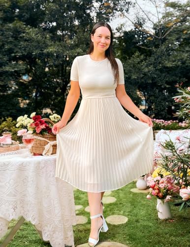 ZESICA Womens 2025 Summer Short Sleeve Midi Dresses Casual Crew Neck Knit Belted Pleated A Line Flowy Wedding Guest Dress,Apricot,Medium