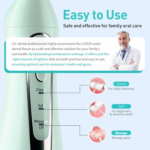 COSLUS Water Dental Flosser Teeth Pick: Portable Cordless Oral Irrigator 300ML Rechargeable Travel Irrigation Cleaner IPX7 Waterproof Electric Flossing Machine for Teeth Cleaning C20(F5020E) Green