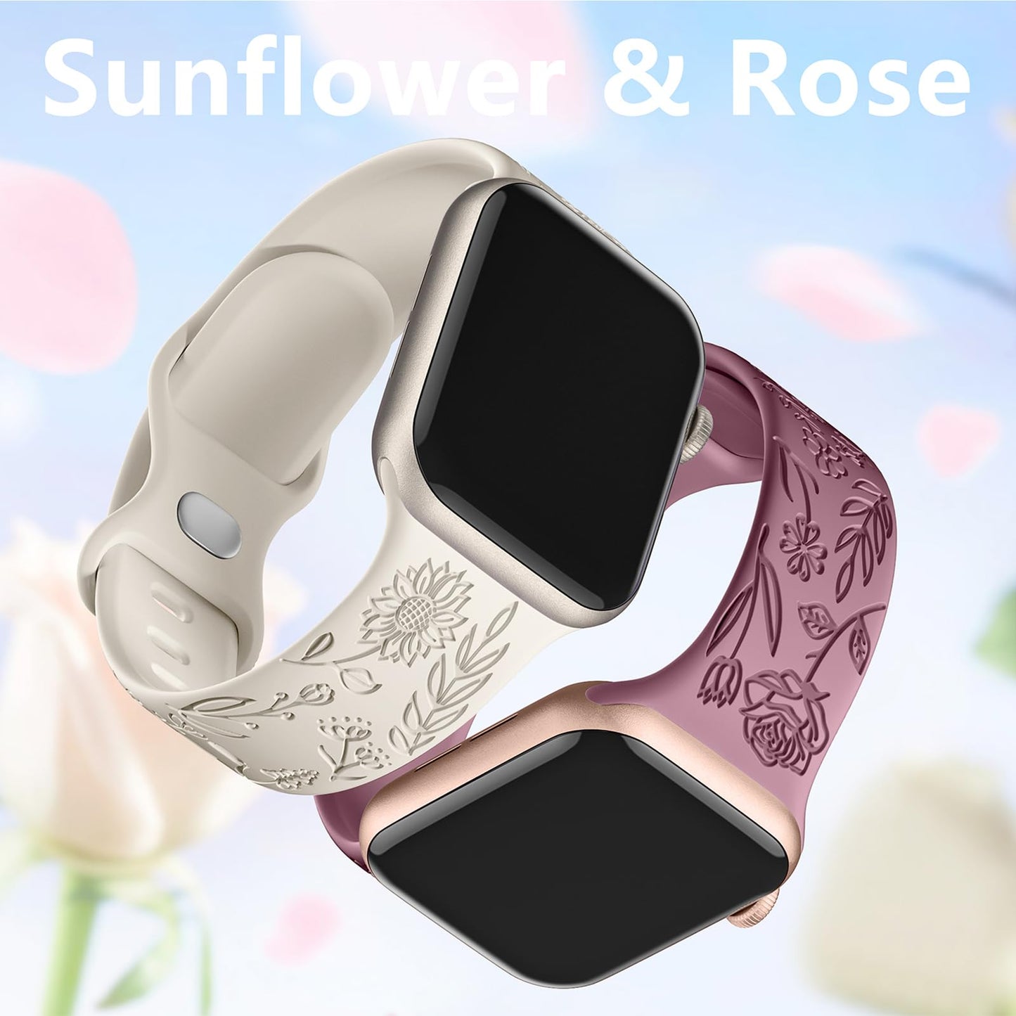 6 Pack Floral Engraved Bands Compatible with Apple Watch Bands 44mm for Women 40mm 41mm 45mm 49mm, Adjustable Comfortable Soft Silicone for iWatch Bands 38mm Womens Series - The One Stop Deals