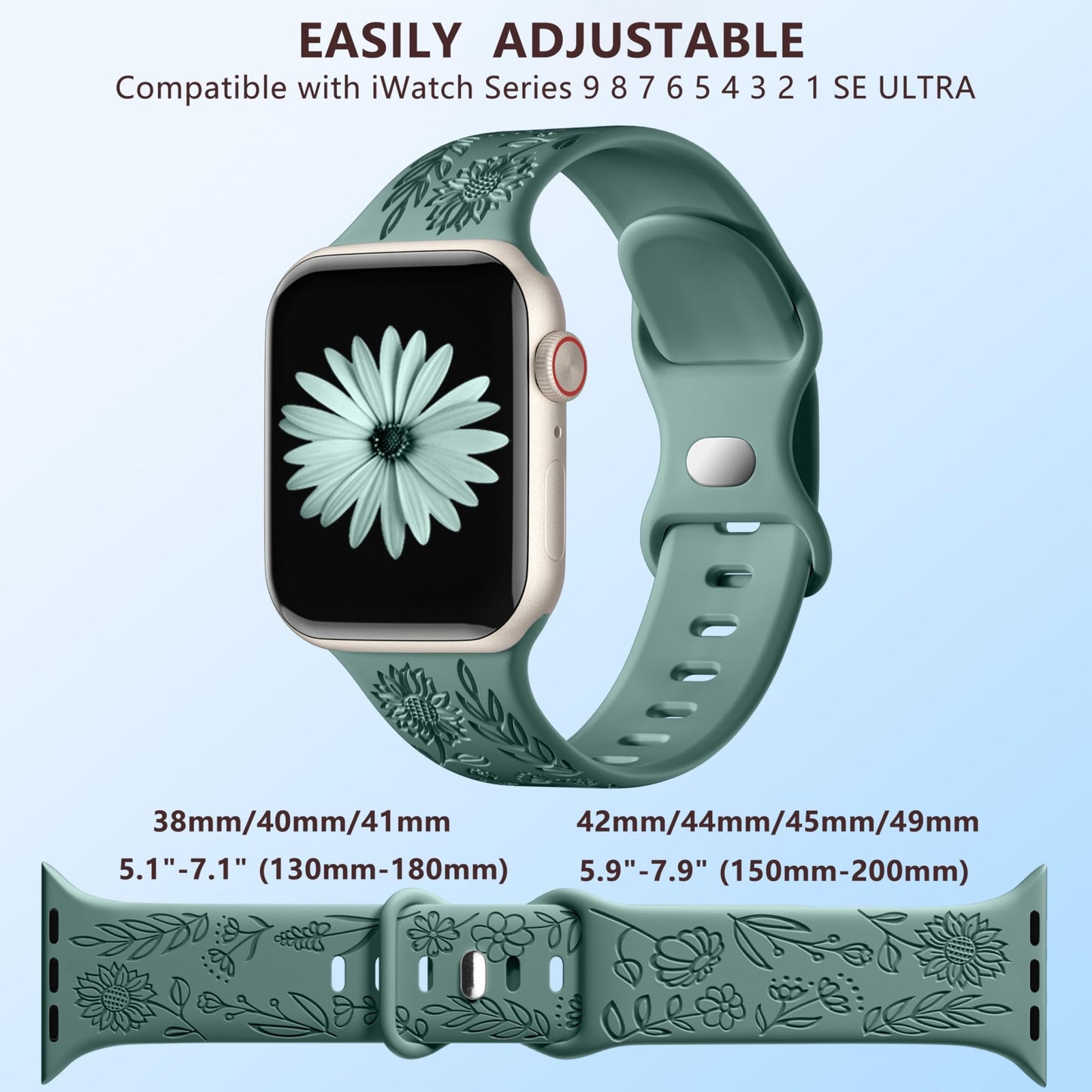 6 Pack Floral Engraved Bands Compatible with Apple Watch Bands 44mm for Women 40mm 41mm 45mm 49mm, Adjustable Comfortable Soft Silicone for iWatch Bands 38mm Womens Series - The One Stop Deals