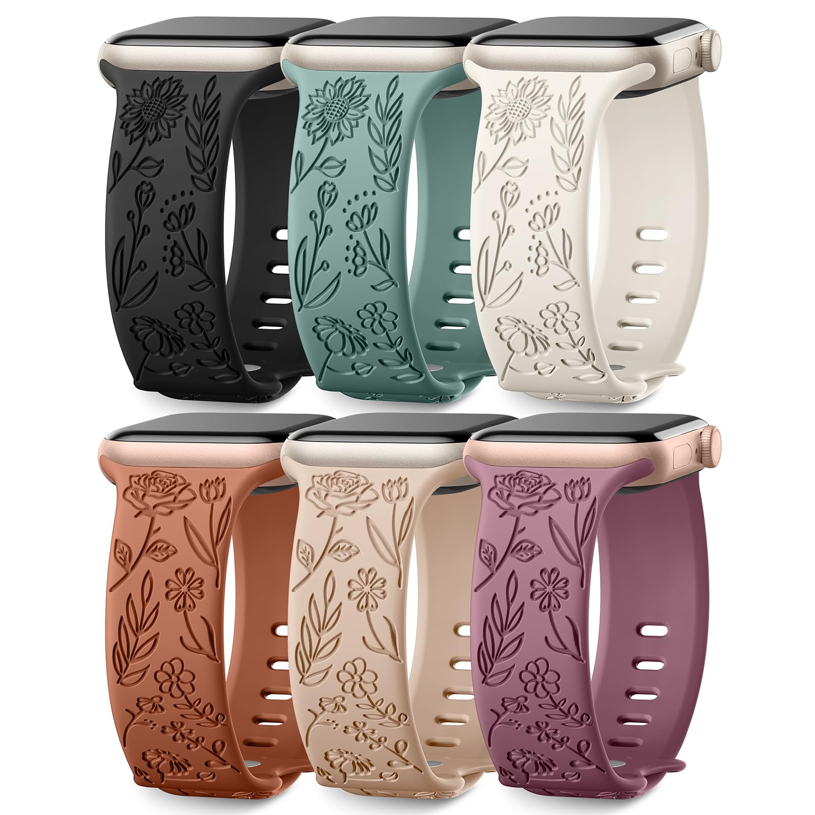 6 Pack Floral Engraved Bands Compatible with Apple Watch Bands 44mm for Women 40mm 41mm 45mm 49mm, Adjustable Comfortable Soft Silicone for iWatch Bands 38mm Womens Series - The One Stop Deals