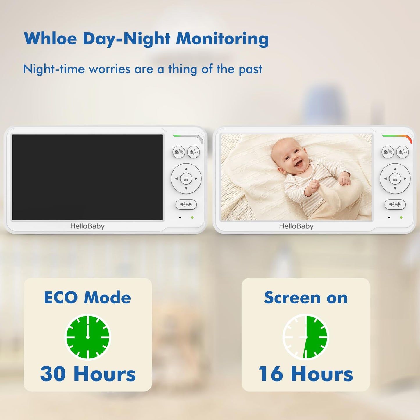 HelloBaby Baby Monitor with 6" World First IPS Screen 30-Hrs Battery, Remote Pan/Tilt/Zoom Camera, No WiFi Video Baby Monitor Camera and Audio, ECO, VOX, 2-Way Talk, Night Vision, 1000ft, Portable