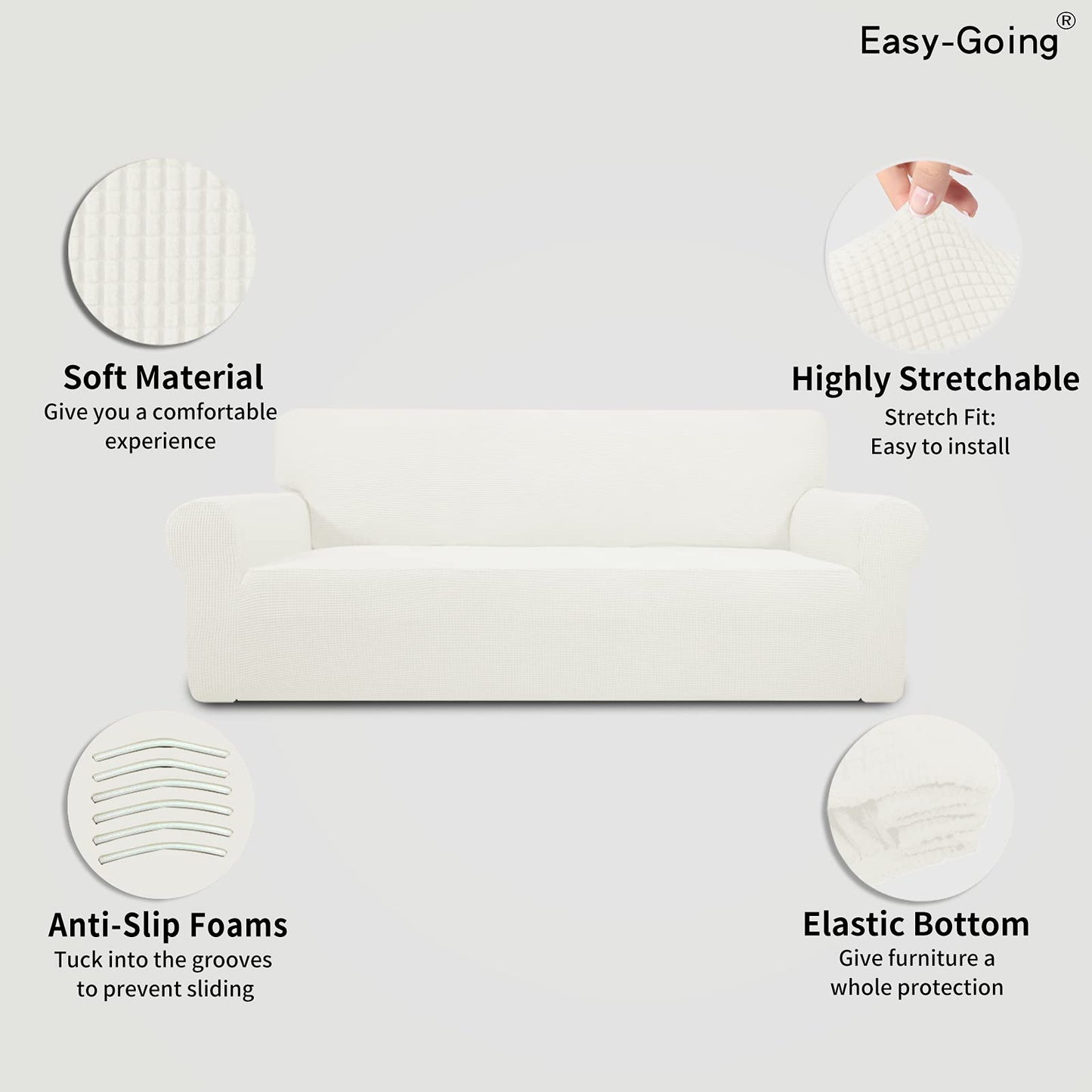 Easy-Going Stretch 4 Seater Sofa Slipcover 1-Piece Sofa Cover Furniture Protector Couch Soft with Elastic Bottom for Kids, Polyester Spandex Jacquard Fabric Small Checks Cream