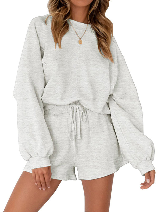 MEROKEETY Women's 2025 Fall Oversized Batwing Sleeve Lounge Sets Casual Top and Shorts 2 Piece Outfits Sweatsuit Light Grey