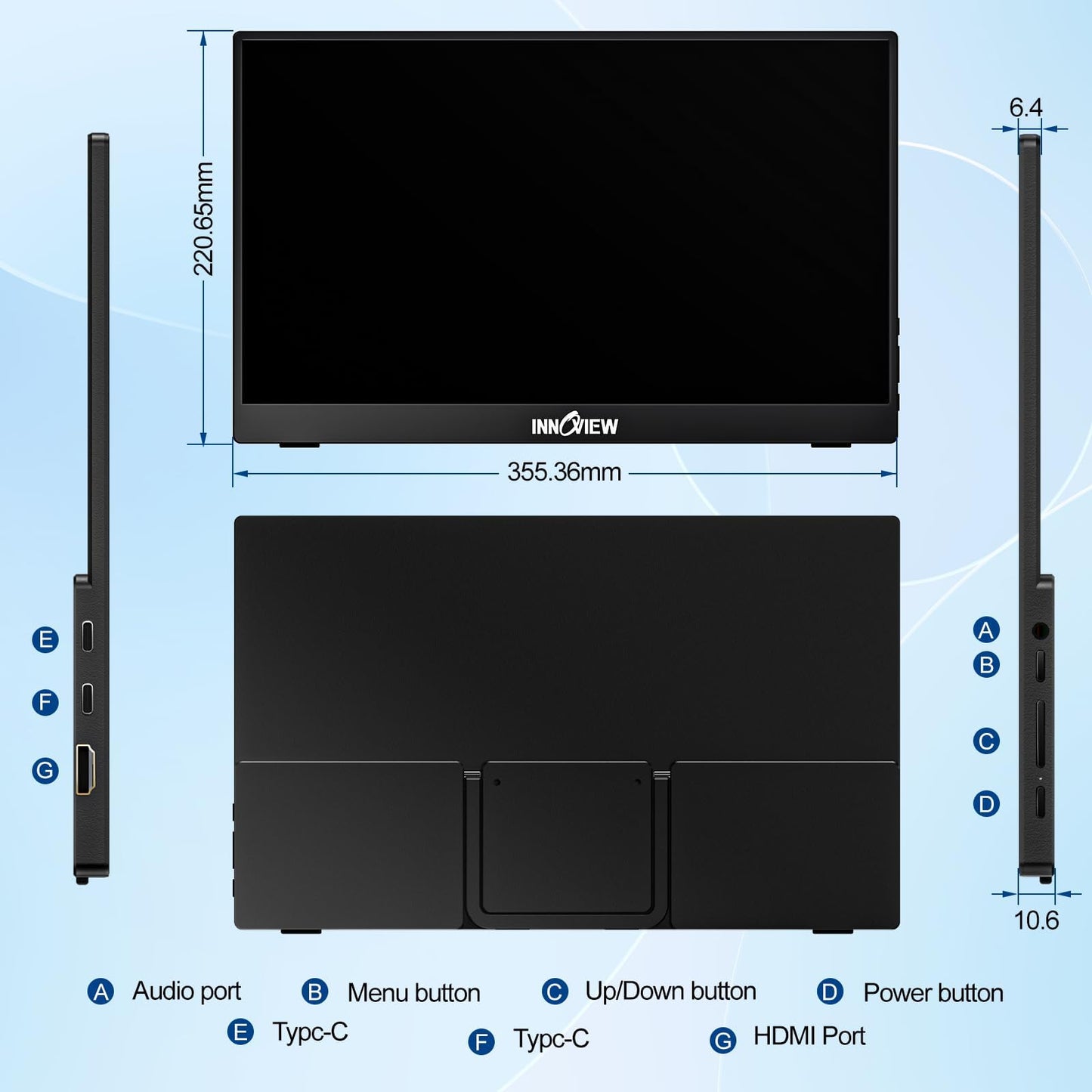 InnoView Portable Monitor 15.6" 1080P Portable Monitor for Laptop with Protective Sleeve Built-in 90° Adjustable Stand USB C HDMI Ultra-Slim Portable Laptop Monitor for MacBook Phone PS Xbox Switch