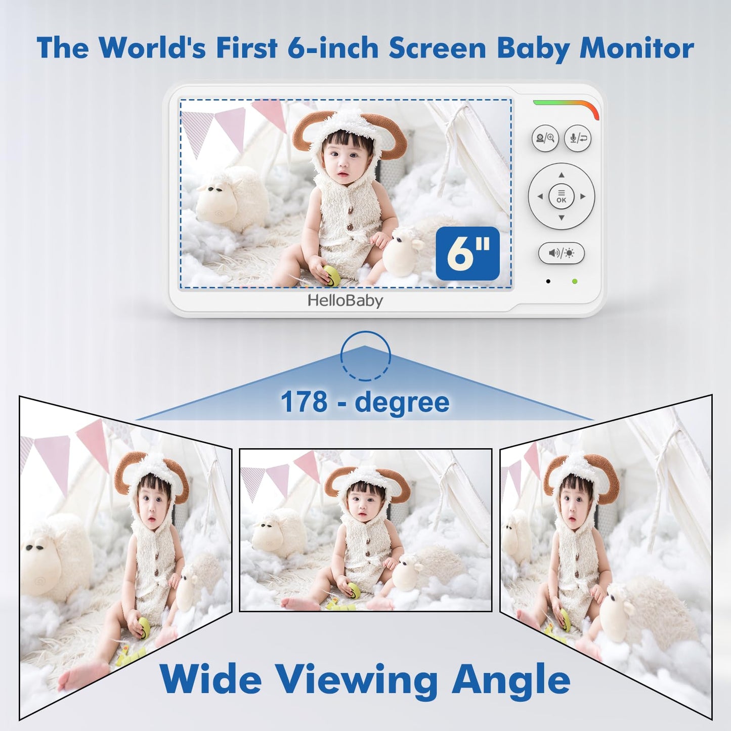 HelloBaby Baby Monitor with 6" World First IPS Screen 30-Hrs Battery, Remote Pan/Tilt/Zoom Camera, No WiFi Video Baby Monitor Camera and Audio, ECO, VOX, 2-Way Talk, Night Vision, 1000ft, Portable