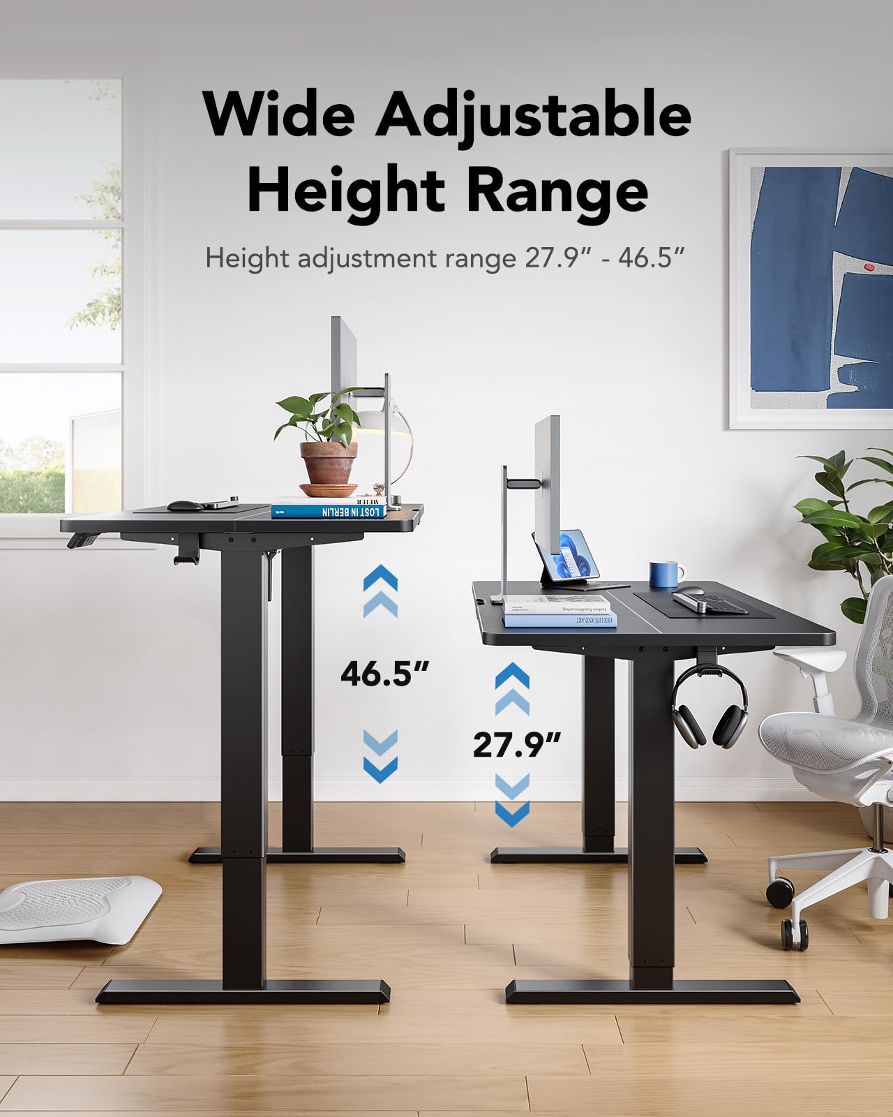 HUANUO 48" x 24" Electric Standing Desk Adjustable Height, 4 Memory Height Settings, Headphone Hook, Cable Manager, Sit Stand Up Desk for Home Office & Computer Workstation, Black