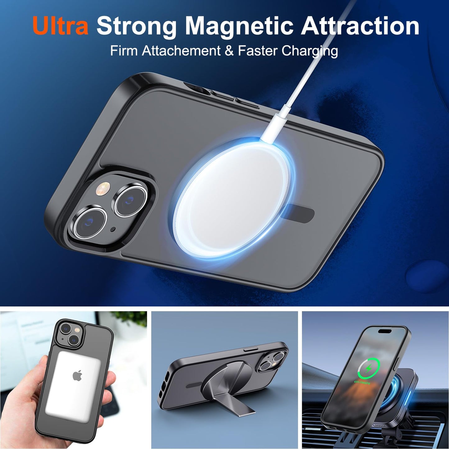 SUPFINE Magnetic for iPhone 15 Case (Compatible with MagSafe) (10 FT Military Grade Drop Protection) Slim Translucent Matte Shockproof with Anti-Fingerprint Phone Case, Black