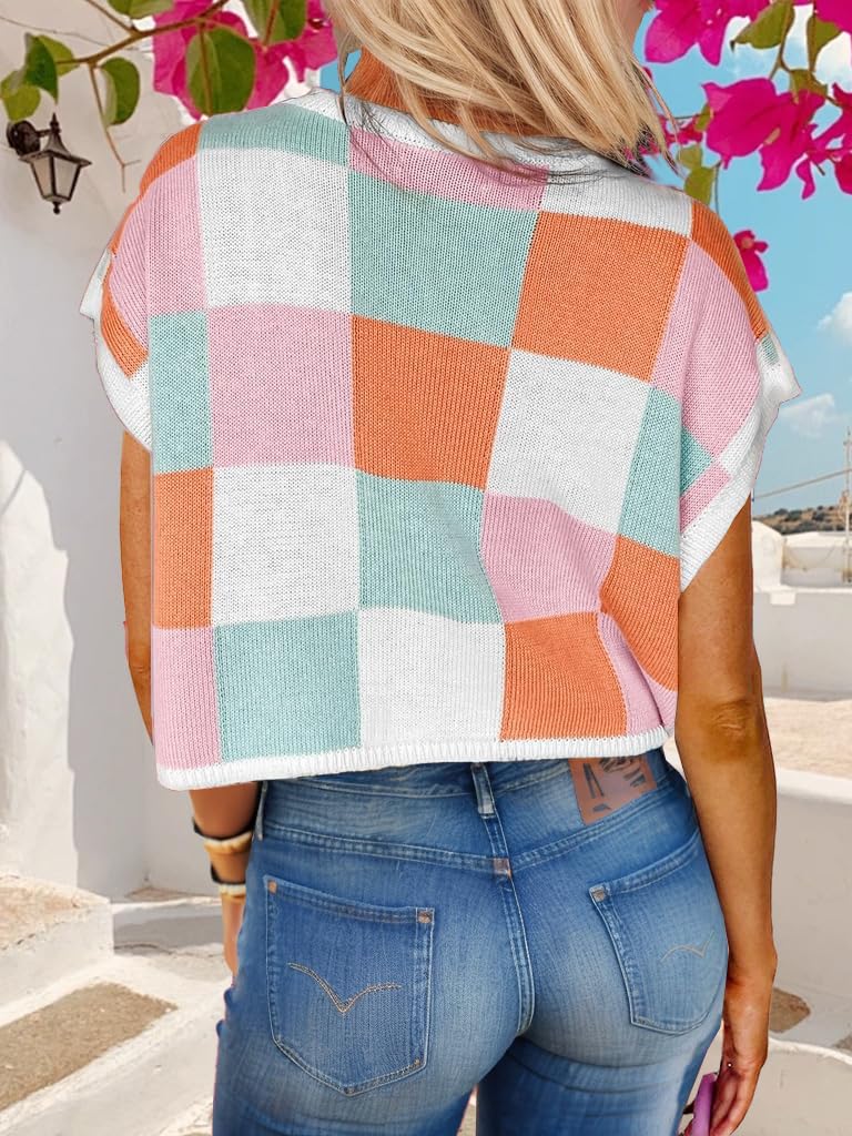 Womens Spring Crop Tops 2025 Cap Short Sleeve Sweater Vest Tank Loose Shirts Business Vacation Outfits Trendy Fall Summer Top Pink