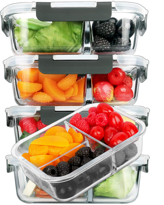 M MCIRCO [5-Pack, 36 oz] Glass Meal Prep Containers 3 Compartment with Lids, Glass Lunch Containers,Food Prep Lunch Box,Bento Box,Microwave, Oven, Freezer, Dishwasher (4.5 Cups)