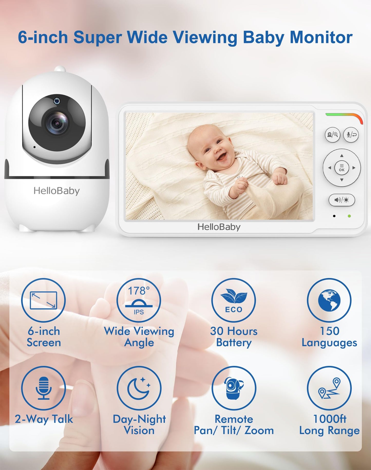 HelloBaby Baby Monitor with 6" World First IPS Screen 30-Hrs Battery, Remote Pan/Tilt/Zoom Camera, No WiFi Video Baby Monitor Camera and Audio, ECO, VOX, 2-Way Talk, Night Vision, 1000ft, Portable