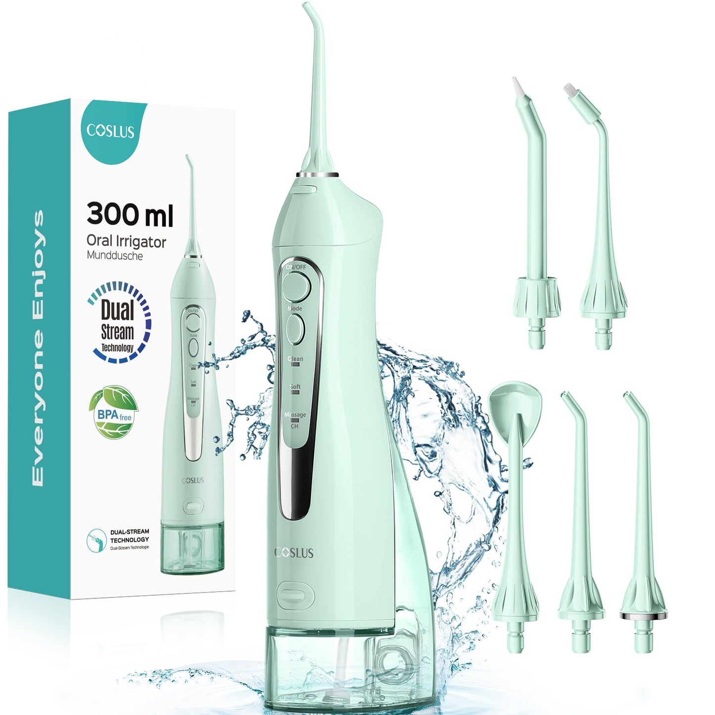 COSLUS Water Dental Flosser Teeth Pick: Portable Cordless Oral Irrigator 300ML Rechargeable Travel Irrigation Cleaner IPX7 Waterproof Electric Flossing Machine for Teeth Cleaning C20(F5020E) Green