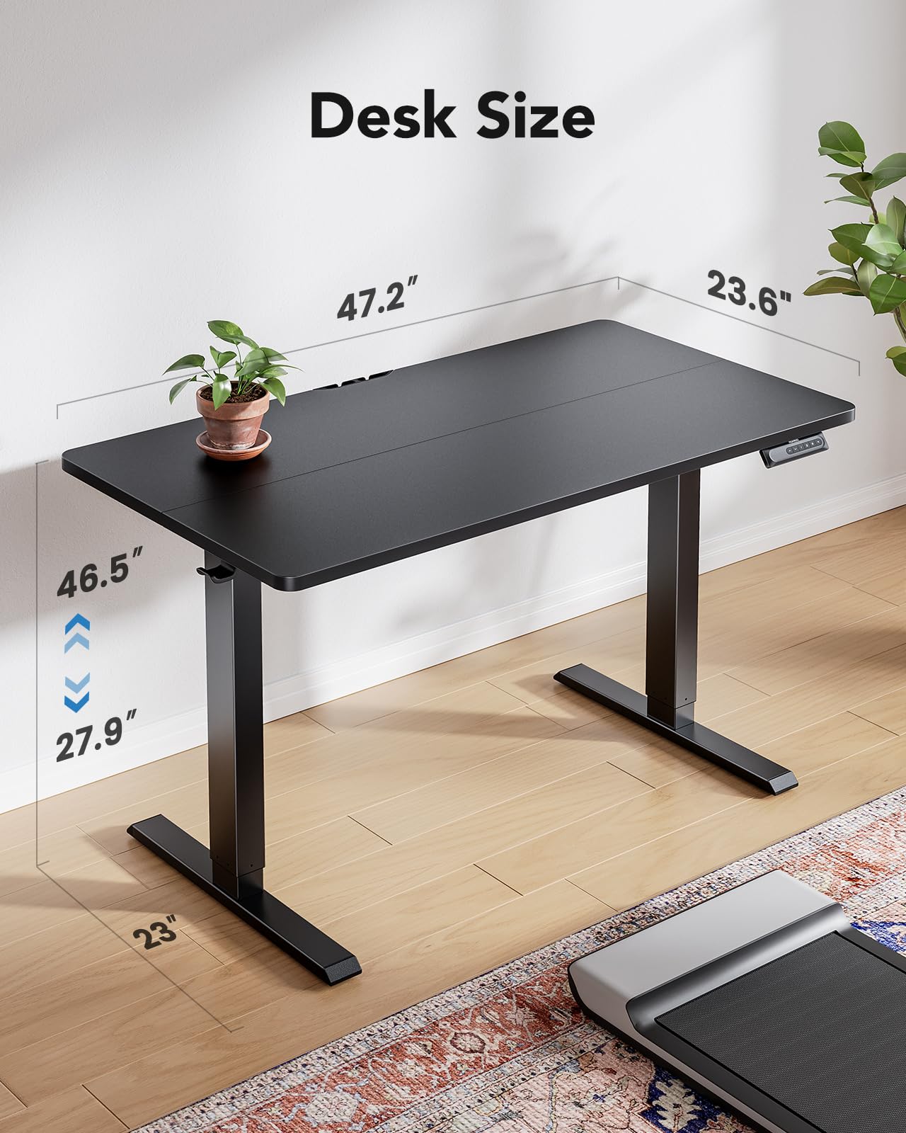 HUANUO 48" x 24" Electric Standing Desk Adjustable Height, 4 Memory Height Settings, Headphone Hook, Cable Manager, Sit Stand Up Desk for Home Office & Computer Workstation, Black