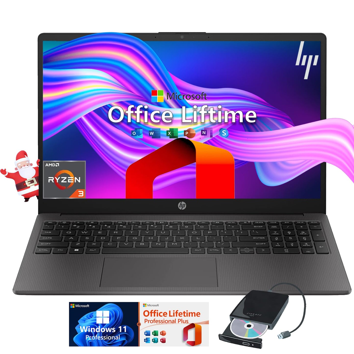 HP 255-G10 Business Laptop Computer - w/Microsoft Office Lifetime & Free CD/DVD Drive - 15.6" Full HD - Ryzen 3 7330U (Beat Intel i5-1135G7) - Wi-Fi 6 -Win 11 Pro w/Laptop Bundle (64GB RAM | 2TB SSD)