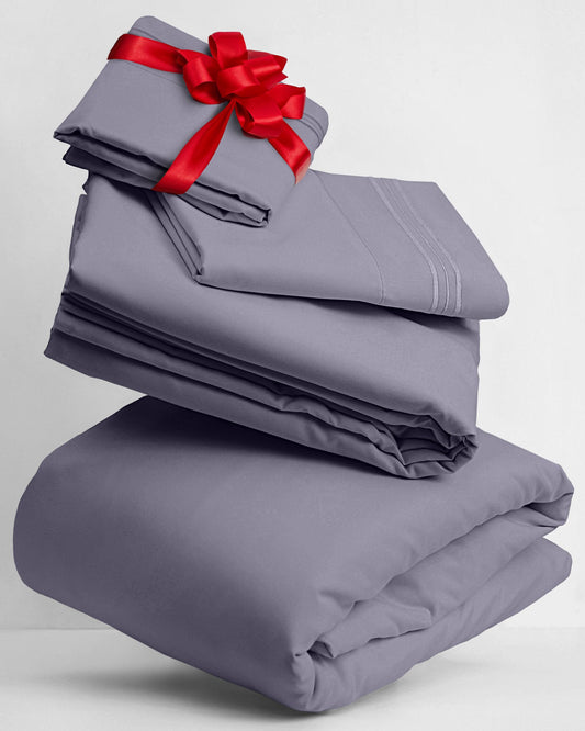 Mellanni Split King Sheets Set - 5 PC Iconic Collection Bedding - Hotel Luxury, Extra Soft, Cooling Bed Sheets - Wrinkle, Fade, Stain Resistant (Split King, Hazy Lilac)