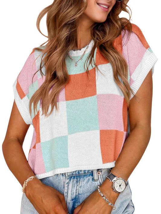 Womens Spring Crop Tops 2025 Cap Short Sleeve Sweater Vest Tank Loose Shirts Business Vacation Outfits Trendy Fall Summer Top Pink