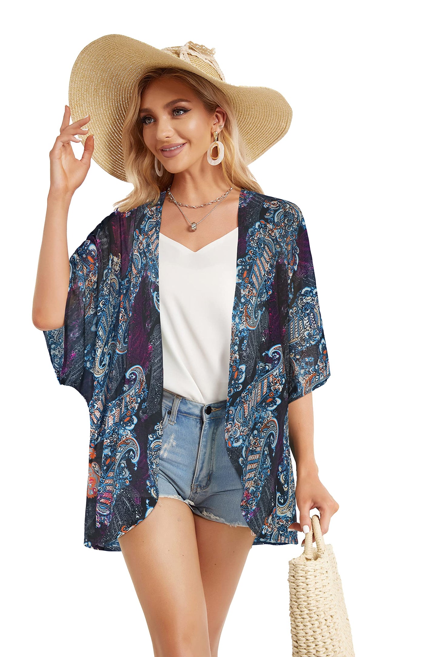 Summer Kimono Cardigan for Women Sheer Light Tops Casual Open Front Swimwear Shirts Beach Cover ups (Boho Purple,M)