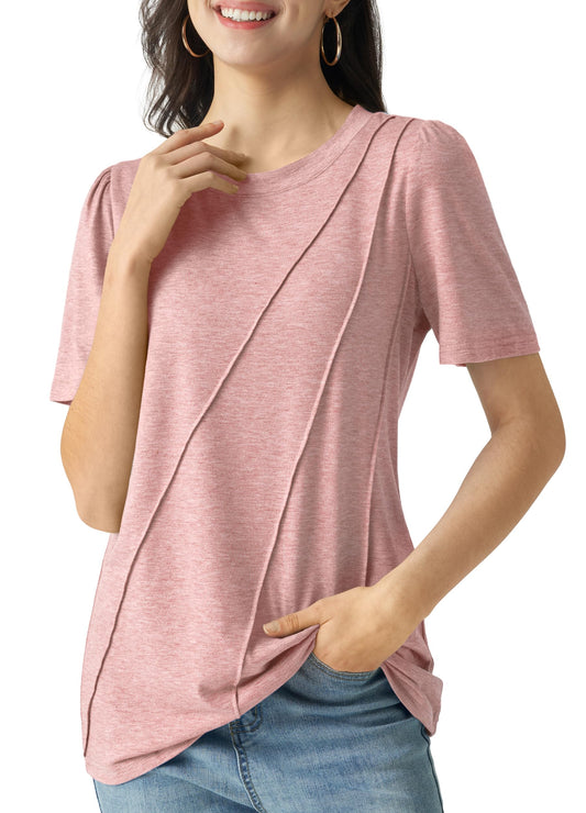 CHEERYAH Shirts for Women Trendy Short Sleeve Pleated Crew Neck Casual Summer Fashion Tops Loose Fit Lightweight T-Shirts Pink L