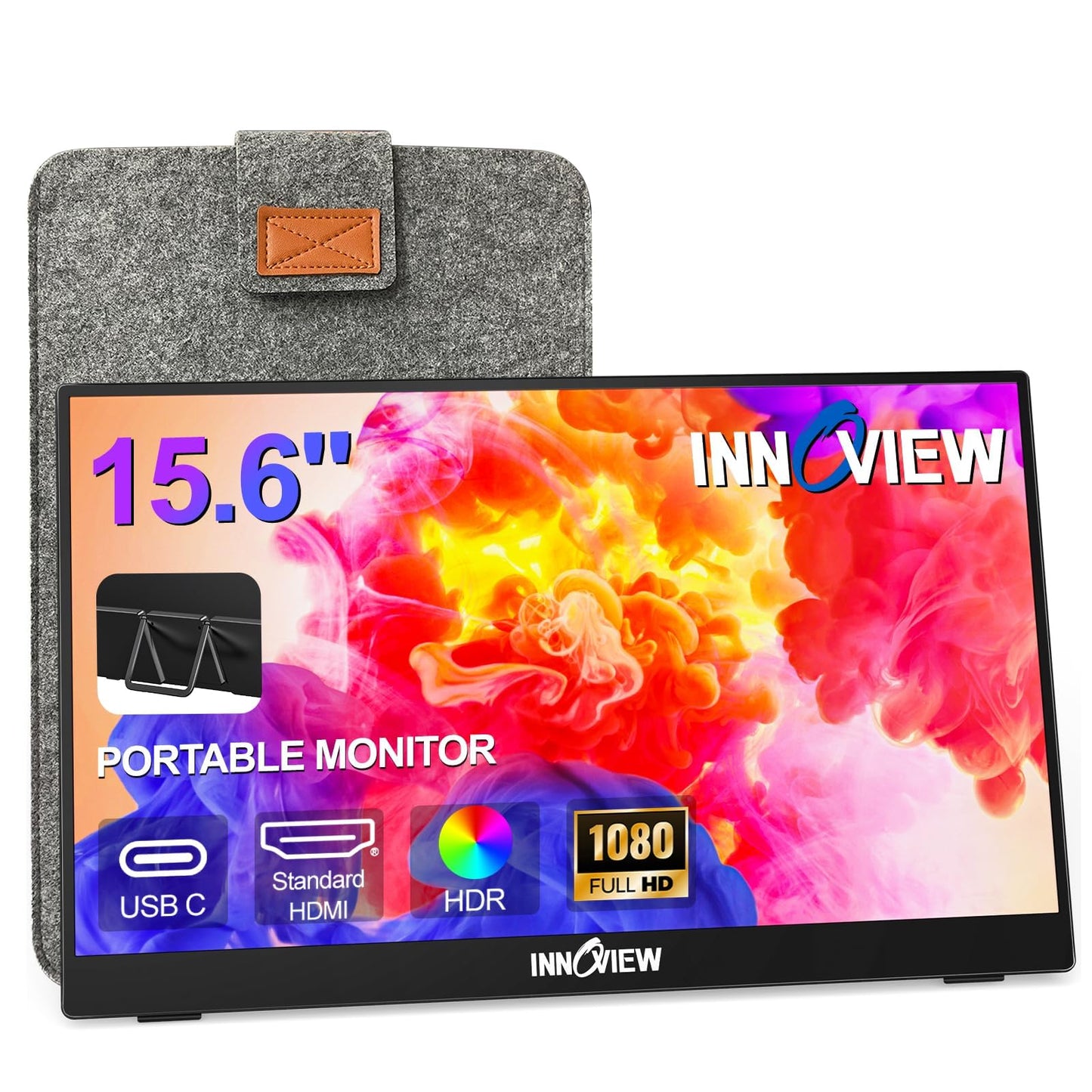 InnoView Portable Monitor 15.6" 1080P Portable Monitor for Laptop with Protective Sleeve Built-in 90° Adjustable Stand USB C HDMI Ultra-Slim Portable Laptop Monitor for MacBook Phone PS Xbox Switch