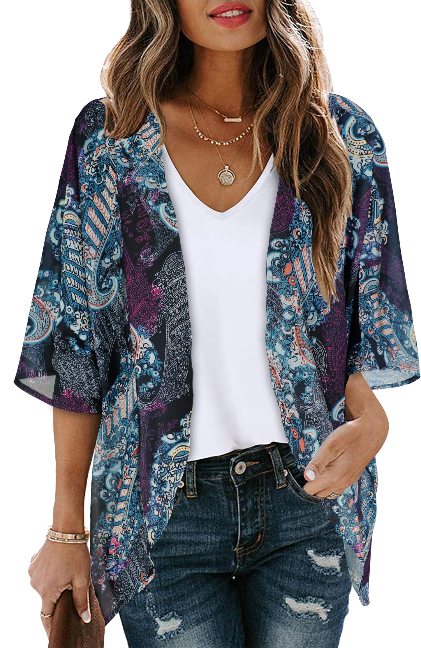 Summer Kimono Cardigan for Women Sheer Light Tops Casual Open Front Swimwear Shirts Beach Cover ups (Boho Purple,M)