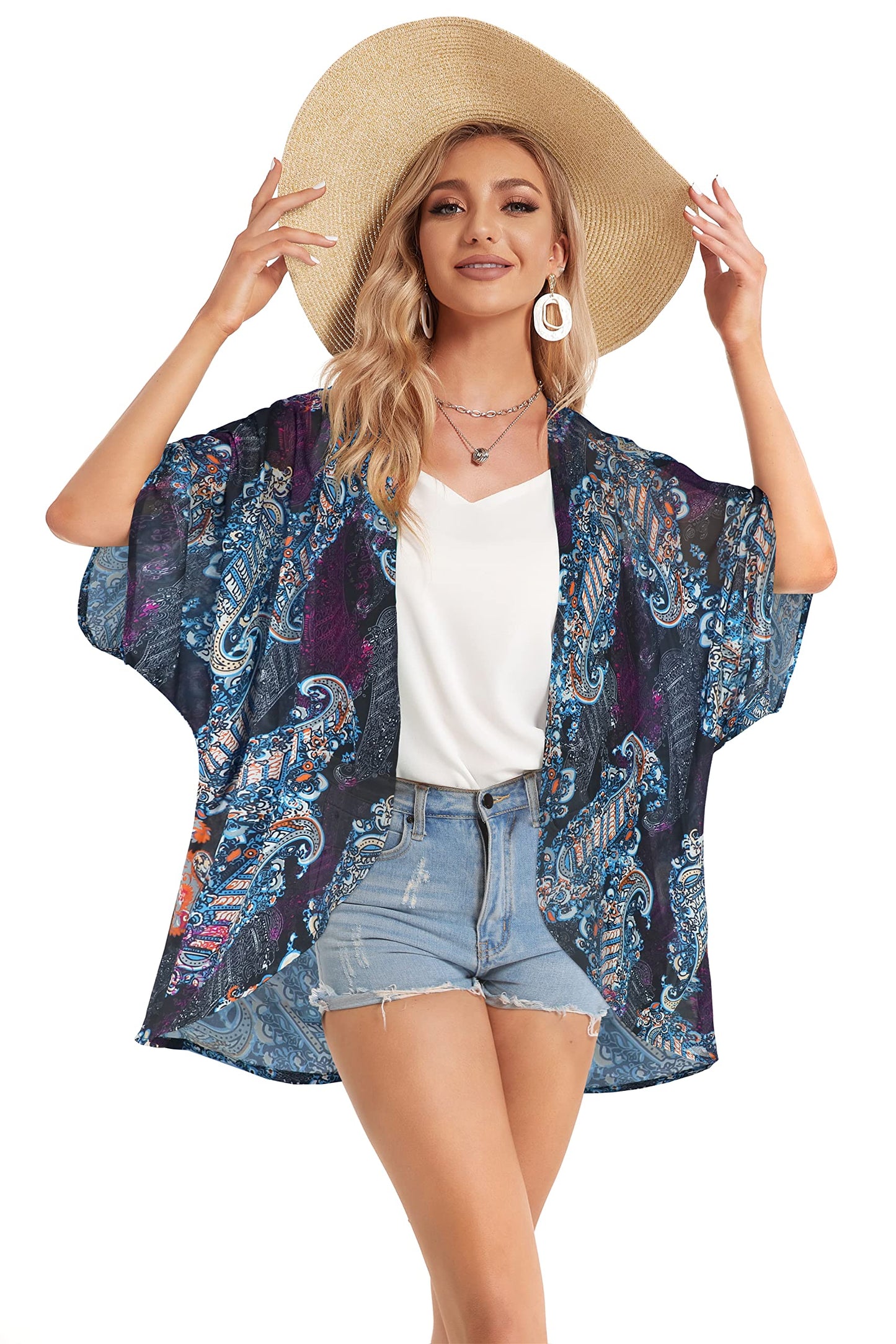 Summer Kimono Cardigan for Women Sheer Light Tops Casual Open Front Swimwear Shirts Beach Cover ups (Boho Purple,M)