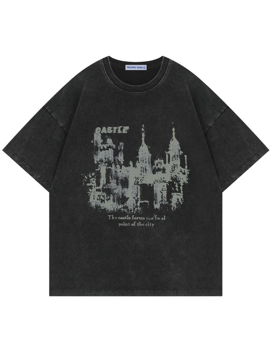 Aelfric Eden T Shirts Castle Graphic Acid Washed Tee Shirt Cotton Short Sleeve Tops 2025 Trendy Outfits Black - The One Stop Deals