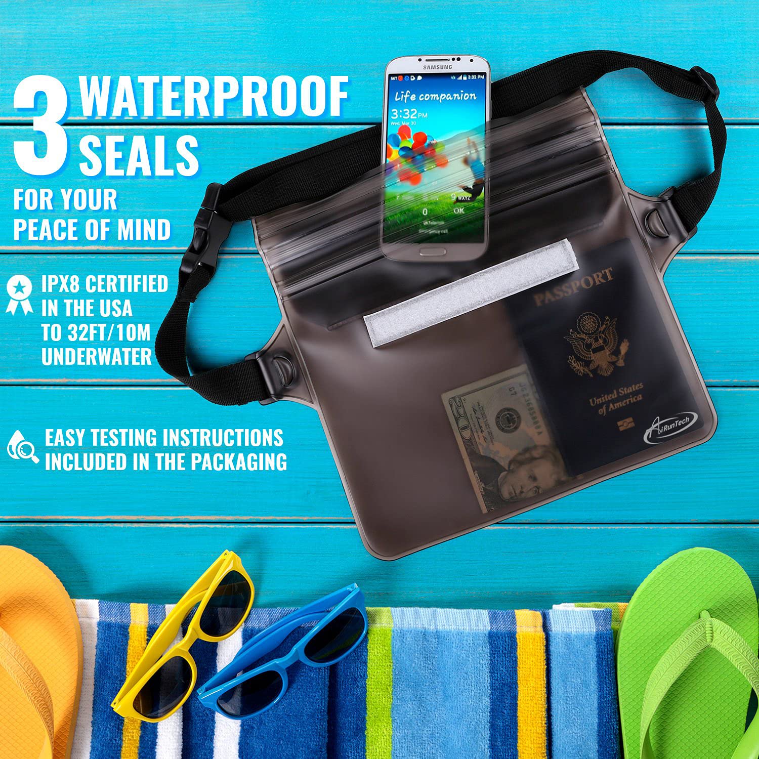 AiRunTech Waterproof Fanny Pack,Waterproof Pouch for Phone Passport Wallet Purse with Waist Strap,Floating Waterproof Bags for Travel Beach Swimming Kayaking Boating Pool Accessories - The One Stop Deals