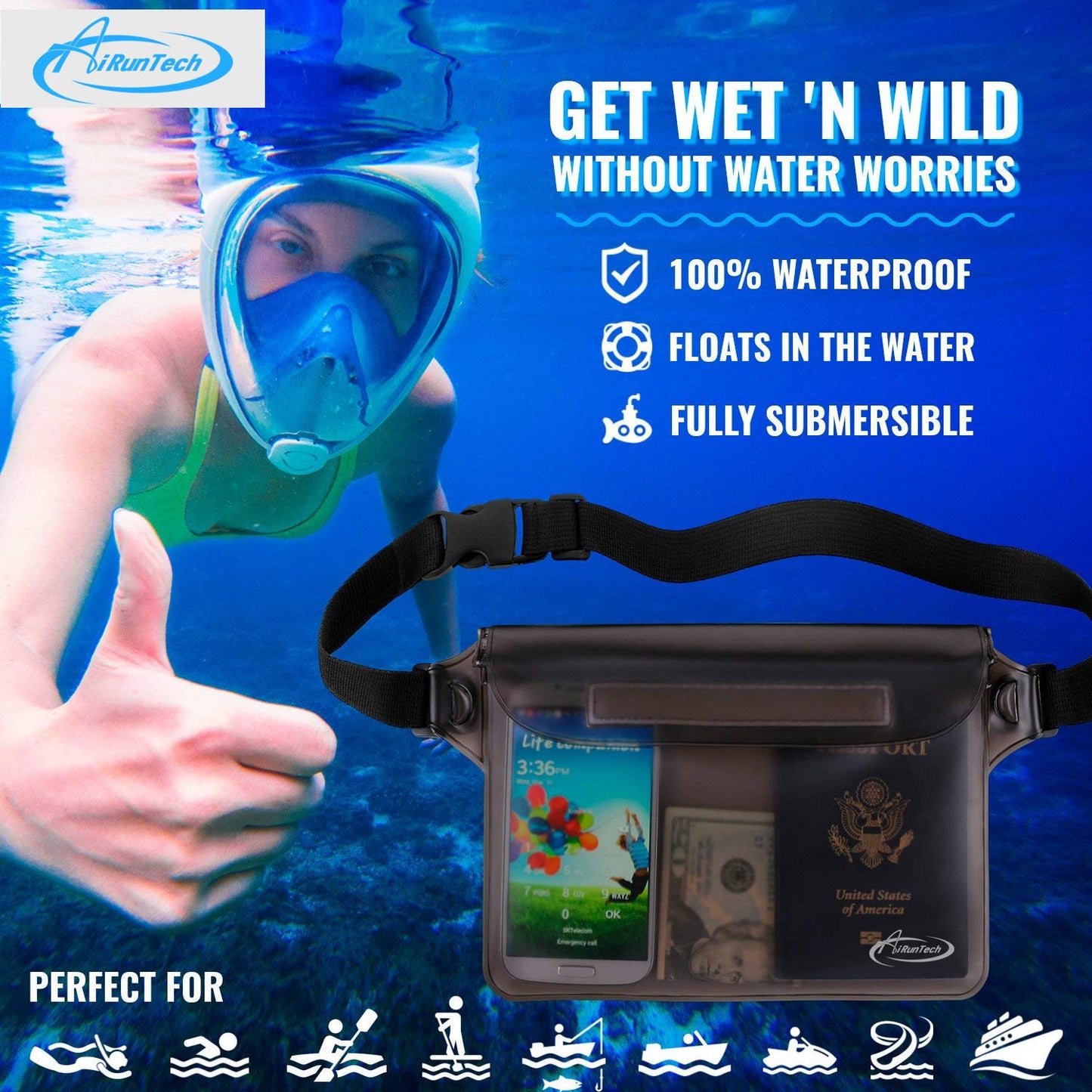 AiRunTech Waterproof Fanny Pack,Waterproof Pouch for Phone Passport Wallet Purse with Waist Strap,Floating Waterproof Bags for Travel Beach Swimming Kayaking Boating Pool Accessories - The One Stop Deals