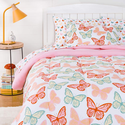 Amazon Basics Kid's Easy Care Microfiber Bed - in - a - Bag 5 - Piece Bedding Set, Twin, Butterfly Friends - The One Stop Deals