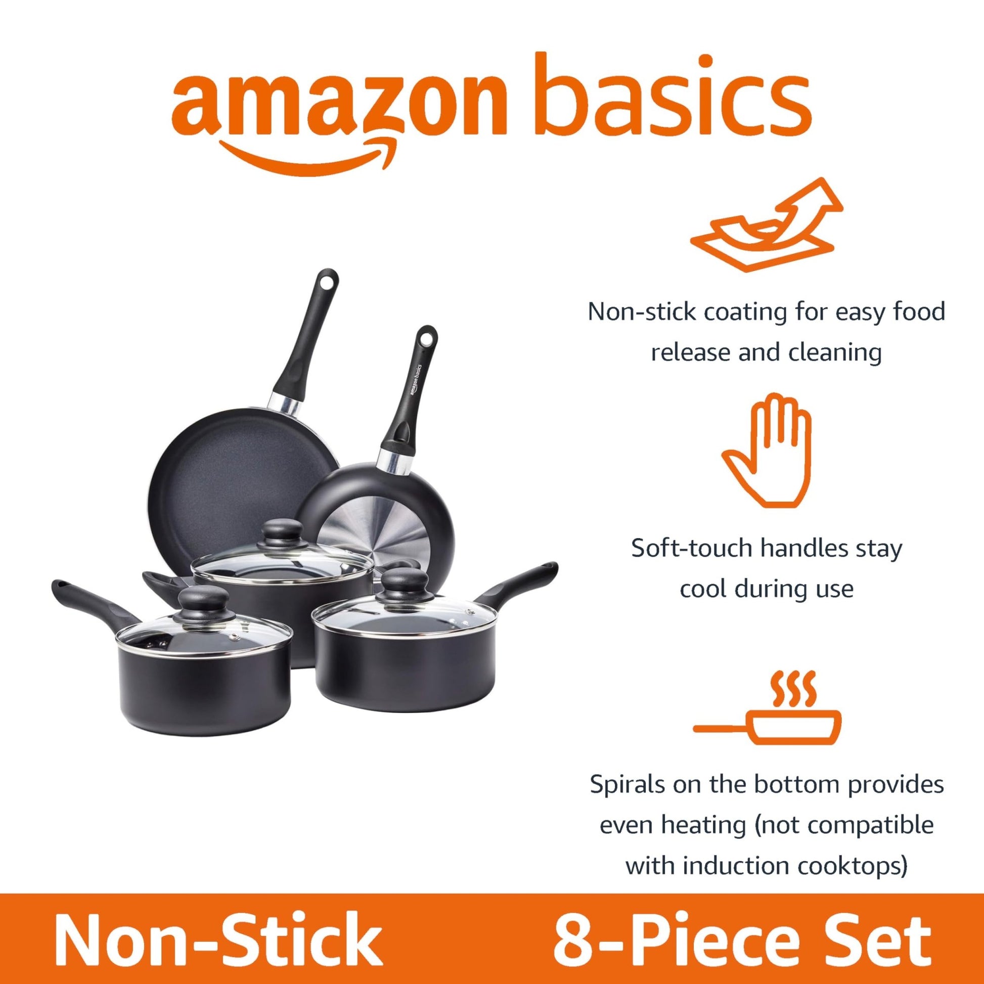 Amazon Basics Non Stick Kitchen Cookware 8 - Piece Set, Non - Induction, Includes Pots and Pans, Black - The One Stop Deals