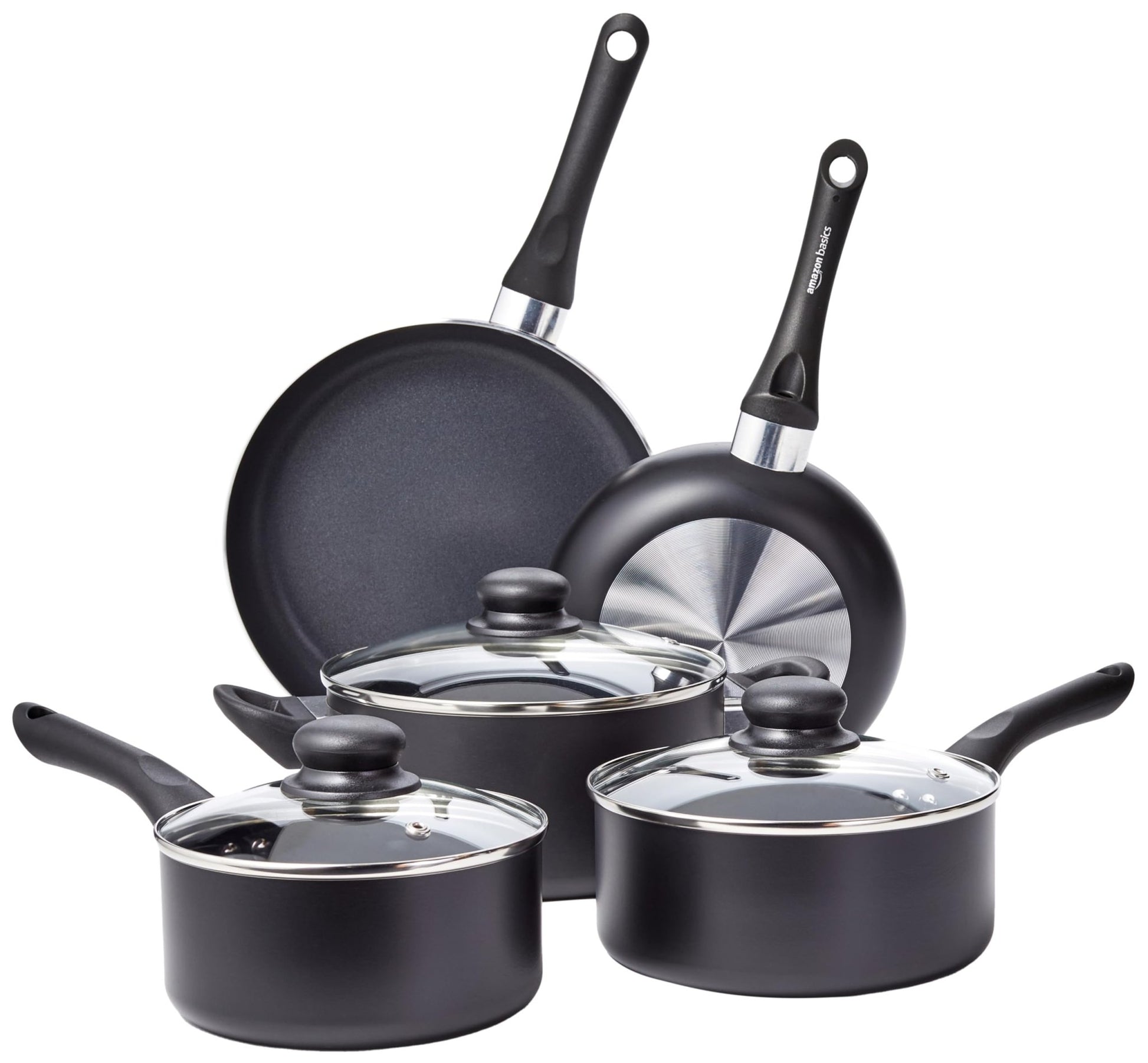 Amazon Basics Non Stick Kitchen Cookware 8 - Piece Set, Non - Induction, Includes Pots and Pans, Black - The One Stop Deals